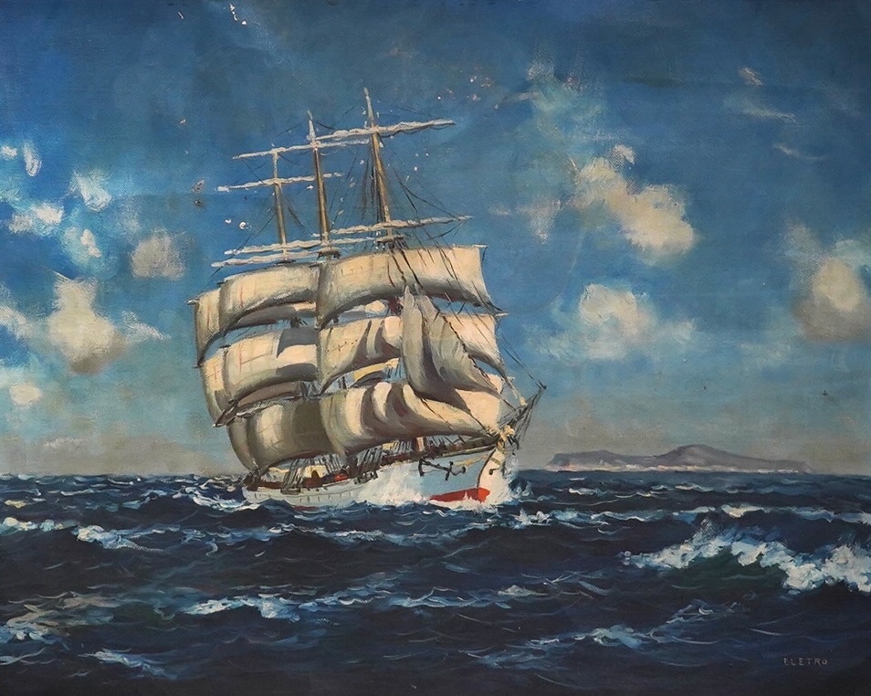 G. Eletro (Italian), Maritime oil on canvas, Study of a ship at sea, signed, mounted, 40 x 50cm, unframed. Condition - poor